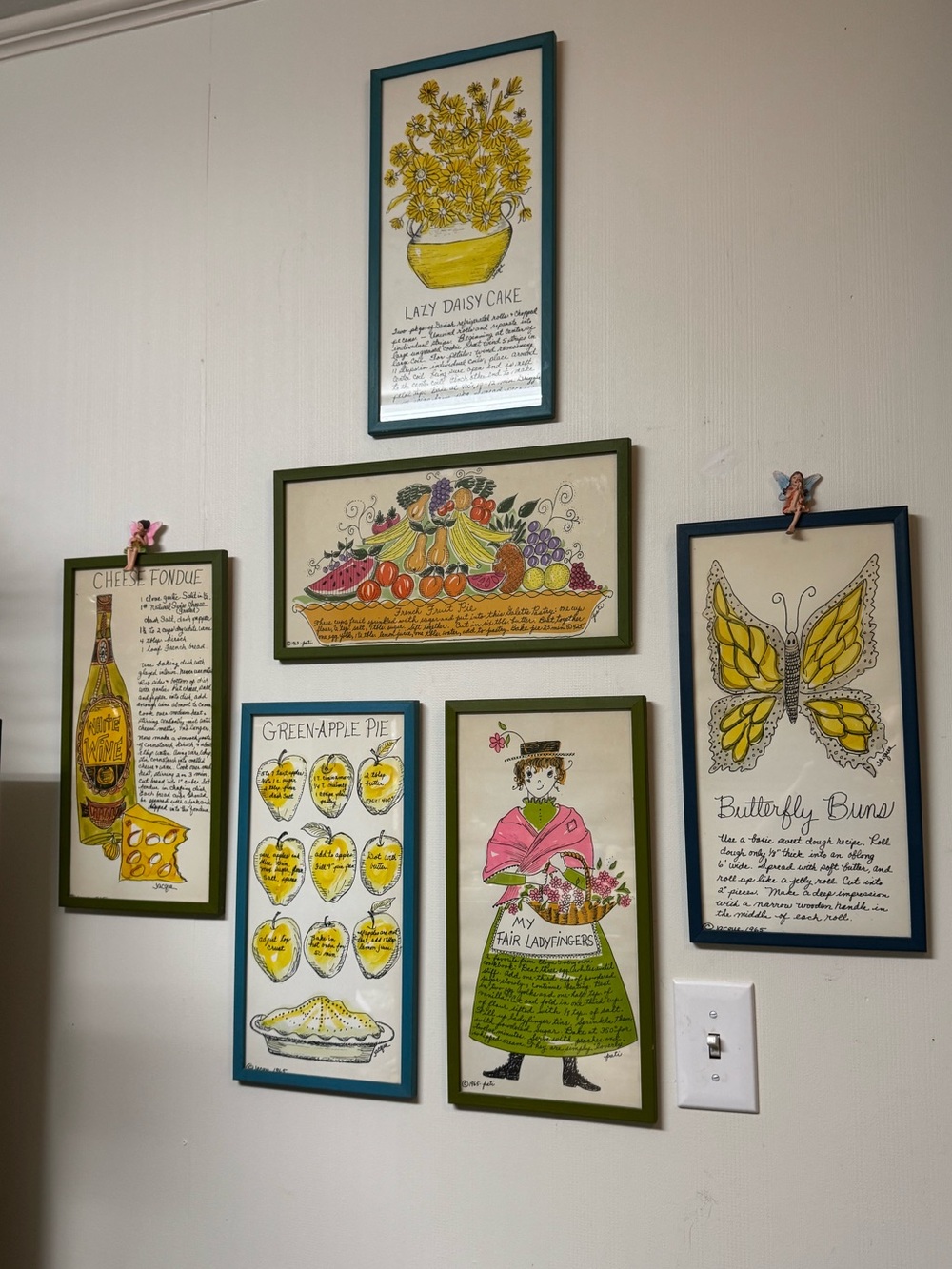Set of 6 Vintage-Style Framed Kitchen Prints - by Jacque. 9”x17” approx.